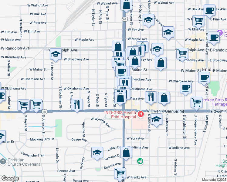 map of restaurants, bars, coffee shops, grocery stores, and more near 1101 West Oklahoma Avenue in Enid