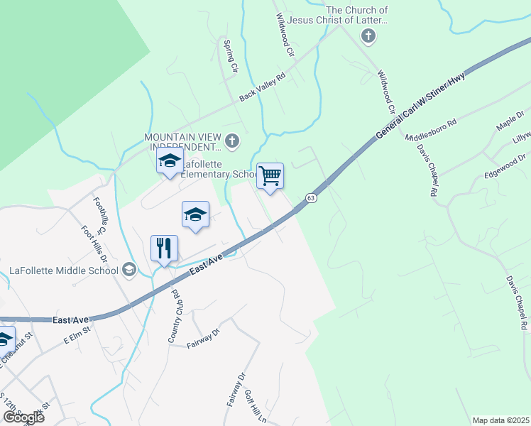 map of restaurants, bars, coffee shops, grocery stores, and more near Myers Lane in LaFollette