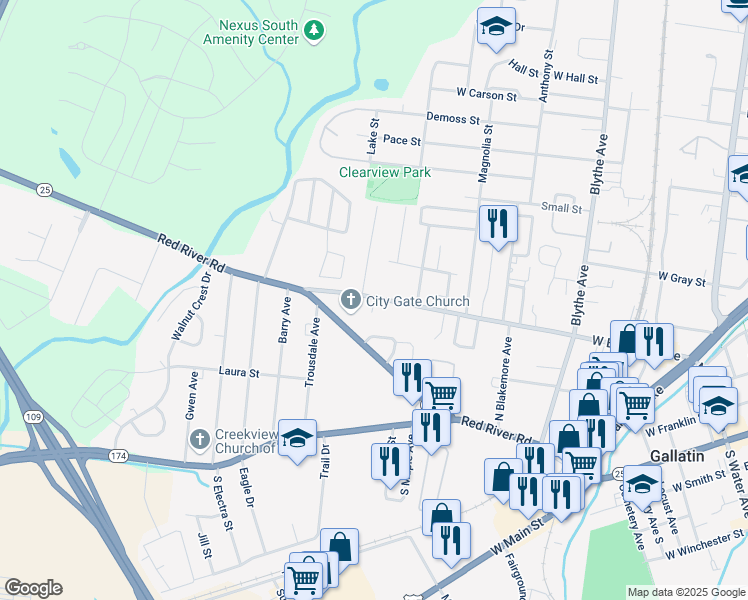 map of restaurants, bars, coffee shops, grocery stores, and more near 679 West Eastland Avenue in Gallatin