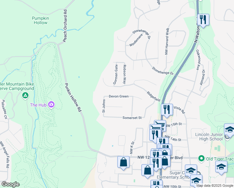 map of restaurants, bars, coffee shops, grocery stores, and more near 206 Devon Green in Bentonville