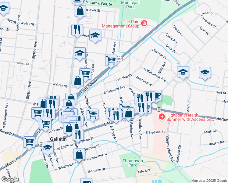 map of restaurants, bars, coffee shops, grocery stores, and more near 355 East Eastland Street in Gallatin