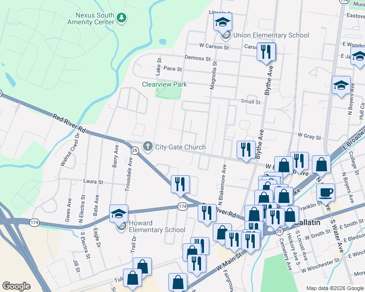 map of restaurants, bars, coffee shops, grocery stores, and more near 641 West Eastland Avenue in Gallatin