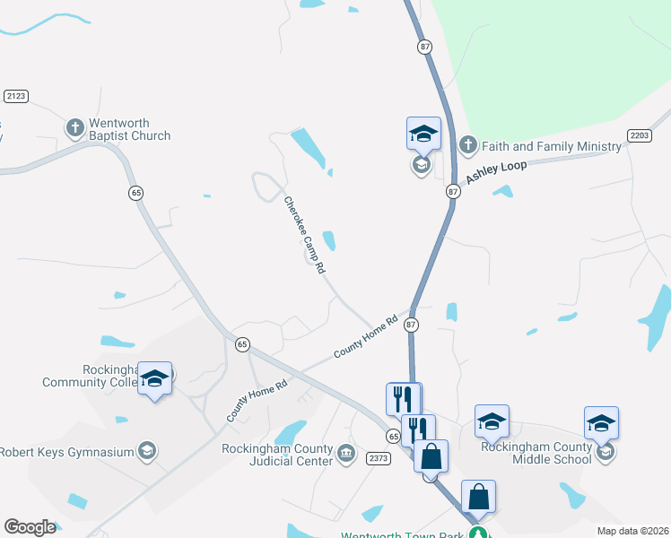 map of restaurants, bars, coffee shops, grocery stores, and more near 238 Cherokee Camp Road in Wentworth