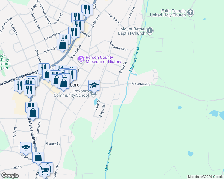 map of restaurants, bars, coffee shops, grocery stores, and more near 102 Allgood Street in Roxboro
