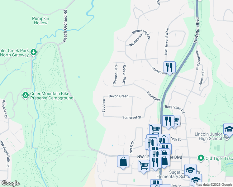 map of restaurants, bars, coffee shops, grocery stores, and more near 206 Devon Green in Bentonville