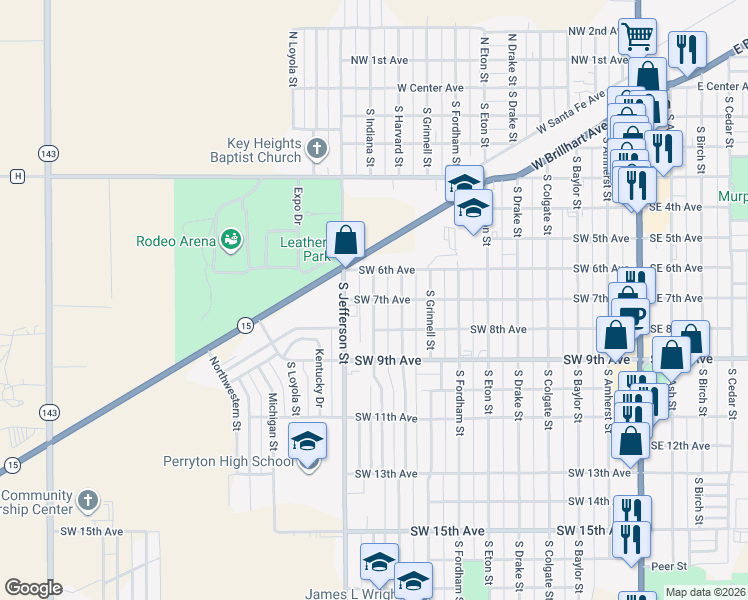 map of restaurants, bars, coffee shops, grocery stores, and more near 899 Southwest 7th Avenue in Perryton