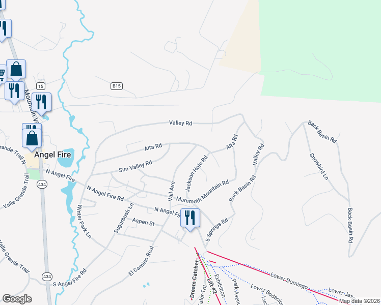 map of restaurants, bars, coffee shops, grocery stores, and more near 15 Vail Avenue in Angel Fire