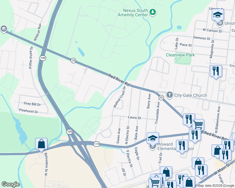 map of restaurants, bars, coffee shops, grocery stores, and more near 106 Creekside Court in Gallatin