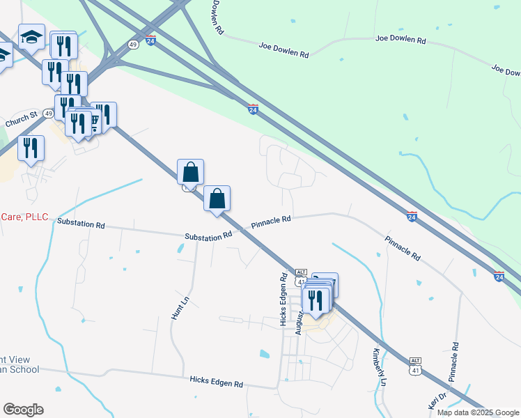 map of restaurants, bars, coffee shops, grocery stores, and more near 1807 Pinnacle Road in Pleasant View