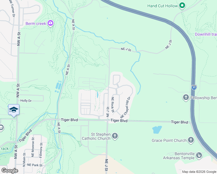 map of restaurants, bars, coffee shops, grocery stores, and more near 2343 Northeast J Street in Bentonville