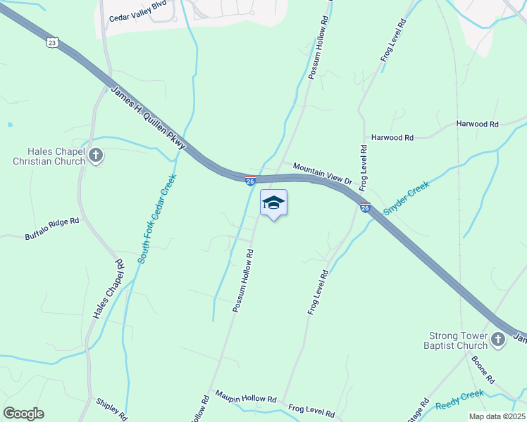 map of restaurants, bars, coffee shops, grocery stores, and more near 350 Possum Hollow Road in Johnson City