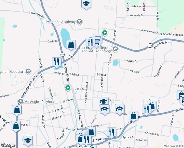 map of restaurants, bars, coffee shops, grocery stores, and more near 825 Oak Heights Drive in Livingston