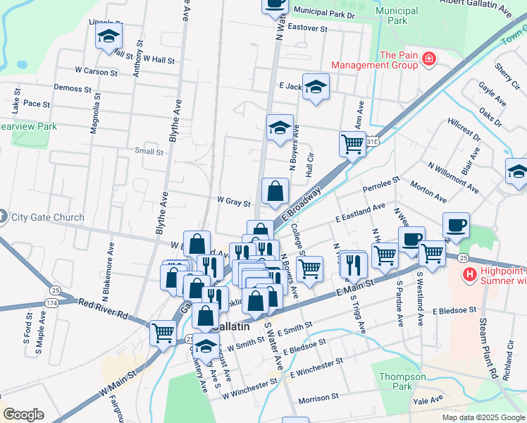 map of restaurants, bars, coffee shops, grocery stores, and more near 373 North Water Avenue in Gallatin