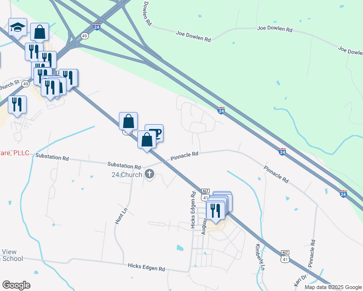 map of restaurants, bars, coffee shops, grocery stores, and more near 1807 Pinnacle Road in Pleasant View
