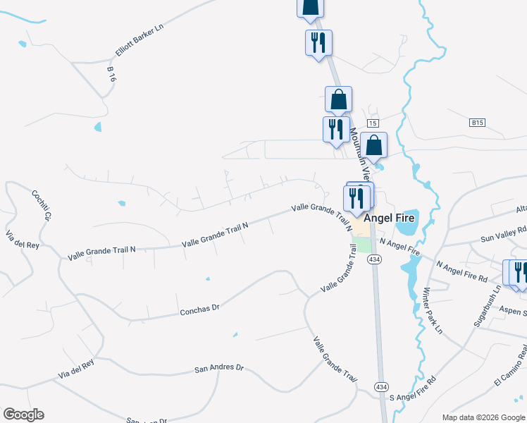 map of restaurants, bars, coffee shops, grocery stores, and more near 34 Valle Grande Trail North in Angel Fire