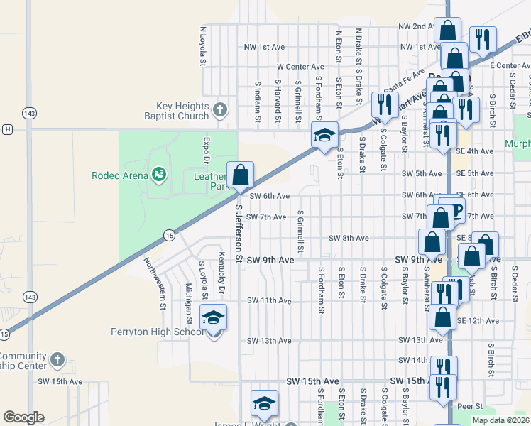 map of restaurants, bars, coffee shops, grocery stores, and more near 853-899 Southwest 7th Avenue in Perryton