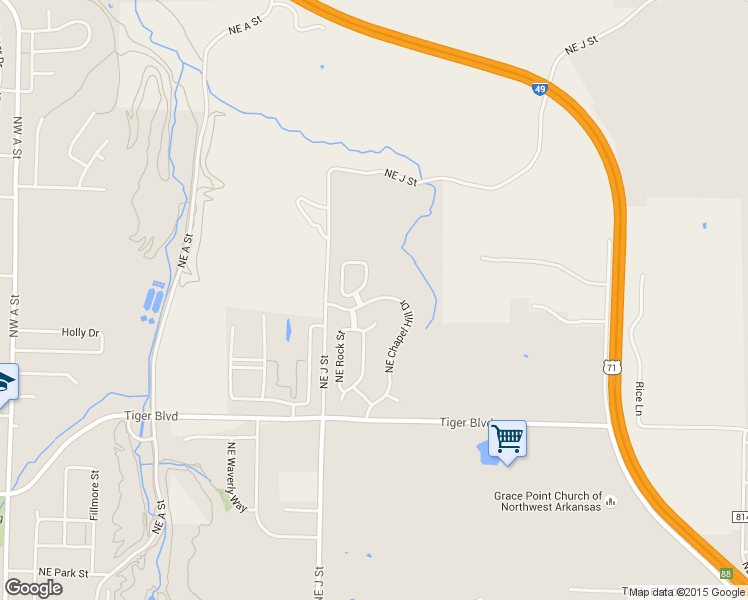 map of restaurants, bars, coffee shops, grocery stores, and more near 2628 Northeast Chapel Hill Drive in Bentonville