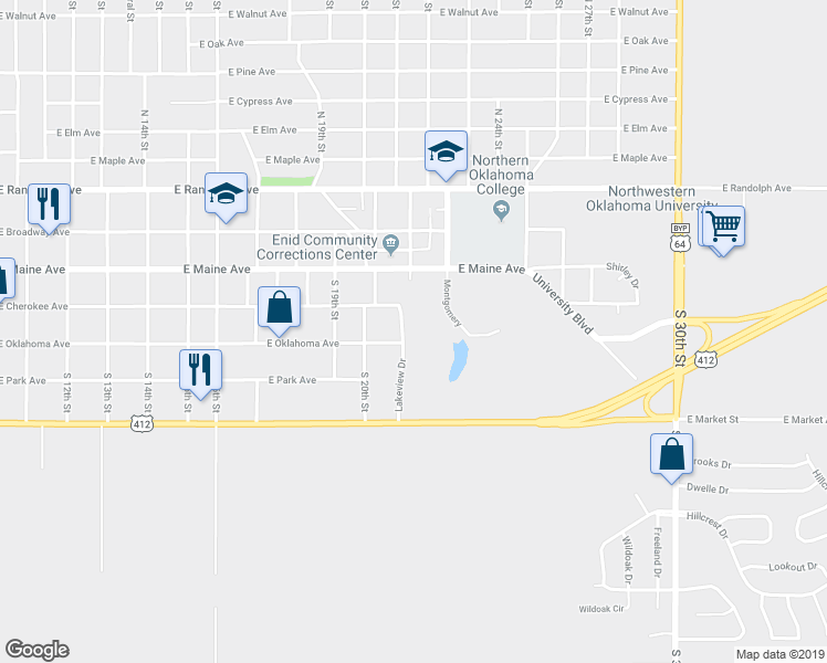 map of restaurants, bars, coffee shops, grocery stores, and more near 300 Lakeview Drive in Enid