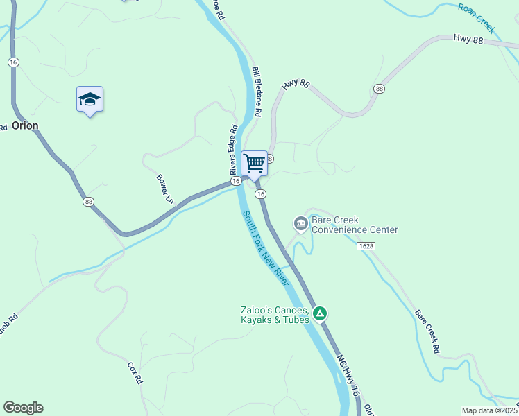 map of restaurants, bars, coffee shops, grocery stores, and more near 3412 North Carolina 16 in Jefferson
