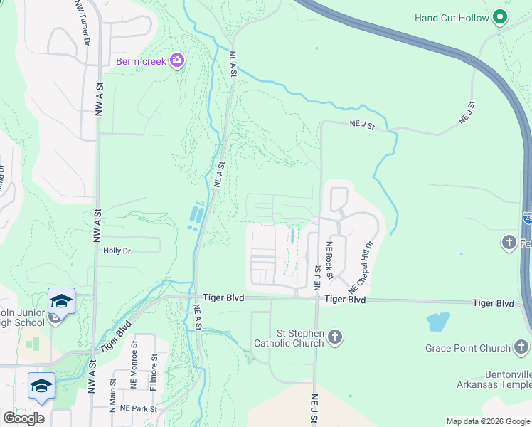 map of restaurants, bars, coffee shops, grocery stores, and more near 1521 Northeast Young Avenue in Bentonville