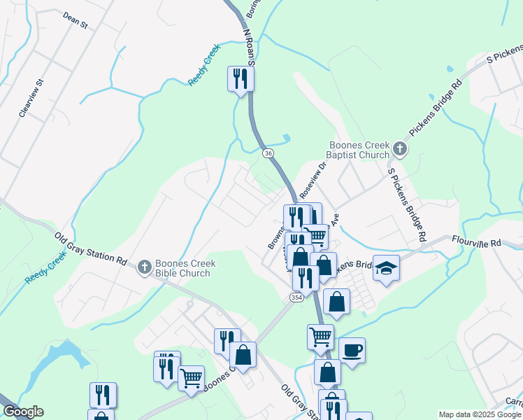 map of restaurants, bars, coffee shops, grocery stores, and more near 1169 Hammett Road in Johnson City