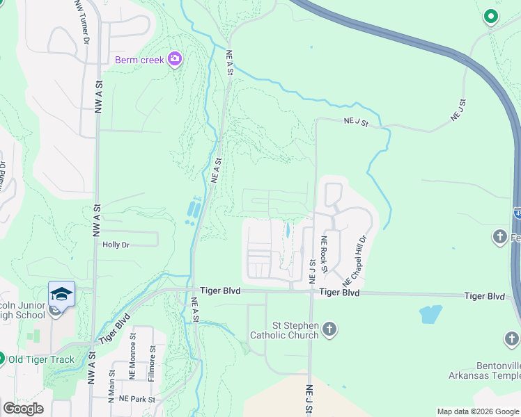 map of restaurants, bars, coffee shops, grocery stores, and more near 1521 Northeast Young Avenue in Bentonville