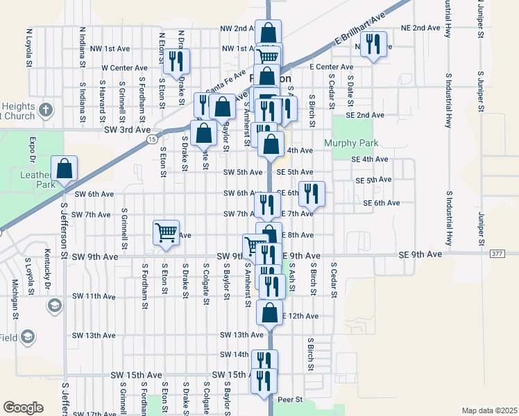 map of restaurants, bars, coffee shops, grocery stores, and more near 101 Southwest 7th Avenue in Perryton