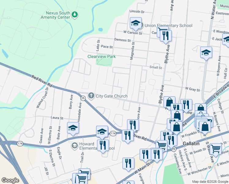 map of restaurants, bars, coffee shops, grocery stores, and more near 604 West Eastland Avenue in Gallatin
