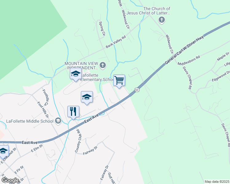 map of restaurants, bars, coffee shops, grocery stores, and more near Myers Lane in LaFollette