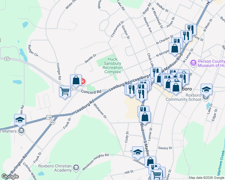 map of restaurants, bars, coffee shops, grocery stores, and more near 342 Leasburg Road in Roxboro