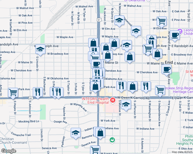 map of restaurants, bars, coffee shops, grocery stores, and more near 401-415 South Van Buren Street in Enid