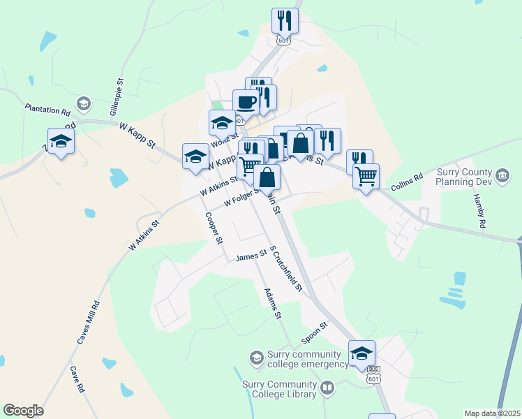 map of restaurants, bars, coffee shops, grocery stores, and more near 224 Critz Street in Mount Airy