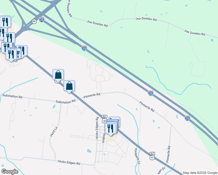 map of restaurants, bars, coffee shops, grocery stores, and more near 1827 Pinnacle Road in Pleasant View