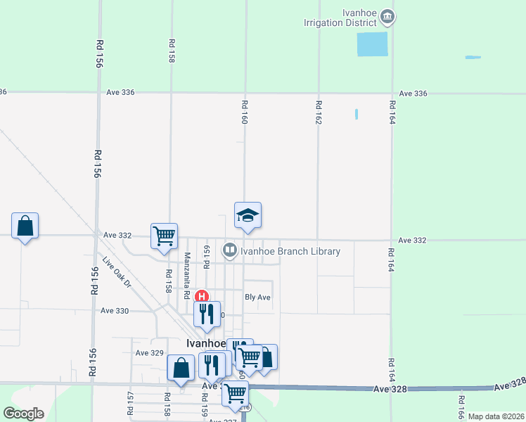 map of restaurants, bars, coffee shops, grocery stores, and more near 16030 Avenue 332 in Ivanhoe