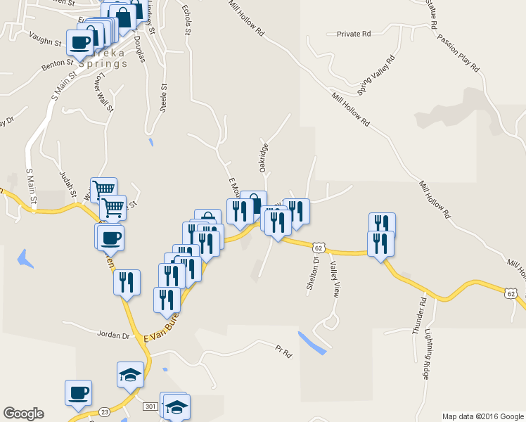 map of restaurants, bars, coffee shops, grocery stores, and more near Tower Road in Eureka Springs