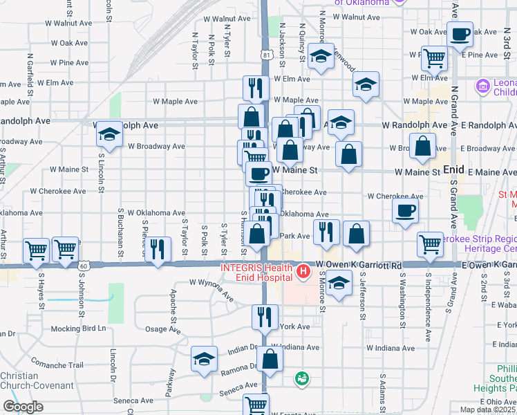 map of restaurants, bars, coffee shops, grocery stores, and more near 401-415 South Van Buren Street in Enid