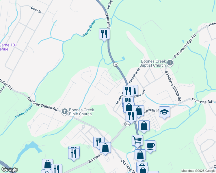 map of restaurants, bars, coffee shops, grocery stores, and more near 1169 Hammett Road in Johnson City
