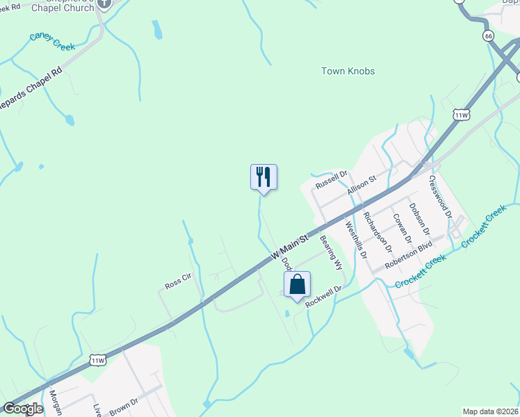 map of restaurants, bars, coffee shops, grocery stores, and more near 203 Farside Drive in Rogersville