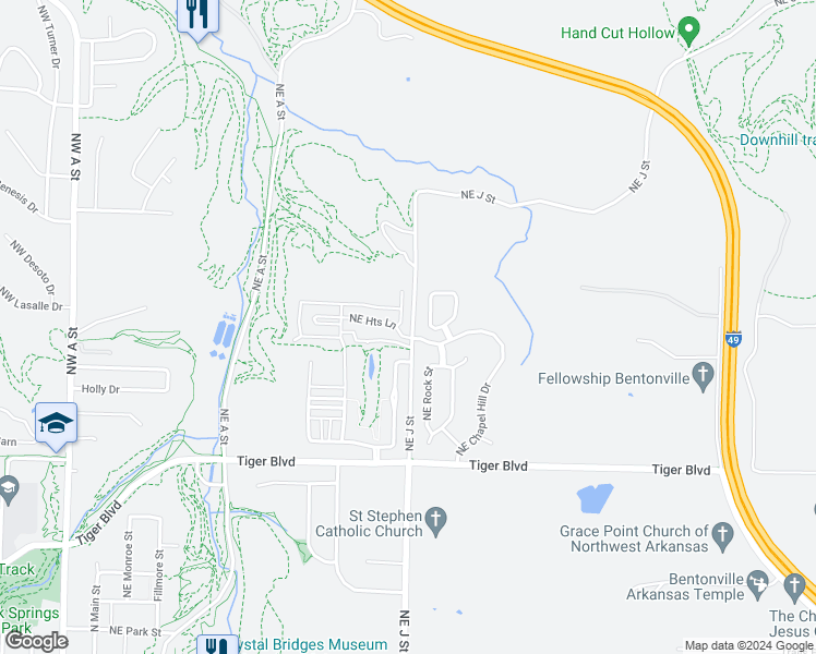 map of restaurants, bars, coffee shops, grocery stores, and more near 1519 Northeast Dysart Woods Lane in Bentonville
