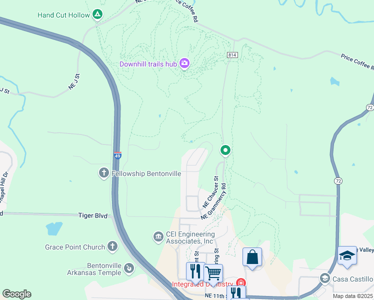 map of restaurants, bars, coffee shops, grocery stores, and more near 2107 Northeast Steinbeck Drive in Bentonville