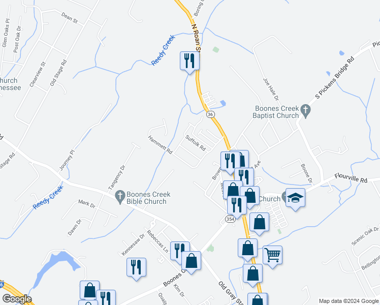 map of restaurants, bars, coffee shops, grocery stores, and more near Hackney Road in Johnson City