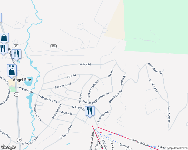map of restaurants, bars, coffee shops, grocery stores, and more near 15 Vail Avenue in Angel Fire