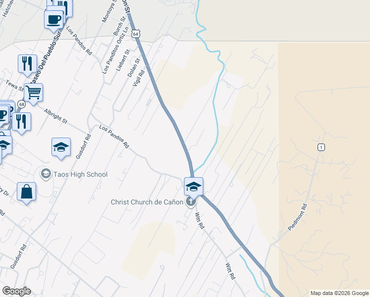 map of restaurants, bars, coffee shops, grocery stores, and more near Kit Carson Road in Taos