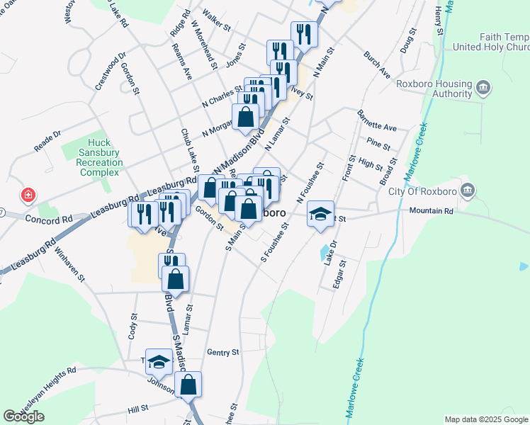 map of restaurants, bars, coffee shops, grocery stores, and more near in Roxboro