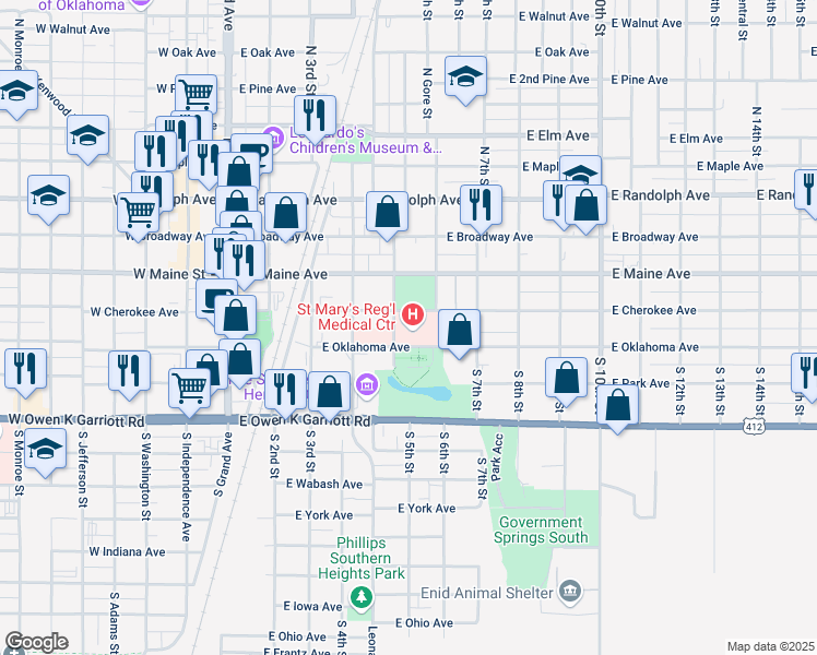 map of restaurants, bars, coffee shops, grocery stores, and more near 305 South 5th Street in Enid