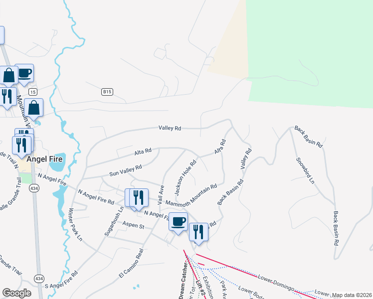 map of restaurants, bars, coffee shops, grocery stores, and more near 49-51 Breckenridge Rd in Angel Fire