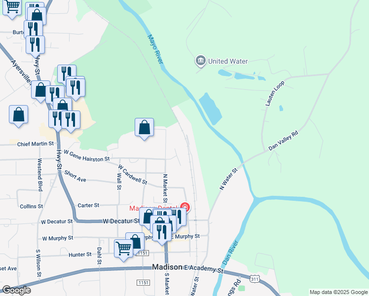map of restaurants, bars, coffee shops, grocery stores, and more near Pinewood Drive in Madison