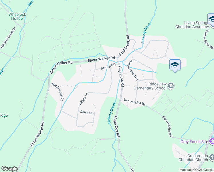 map of restaurants, bars, coffee shops, grocery stores, and more near 135 Alfalfa Lane in Jonesborough