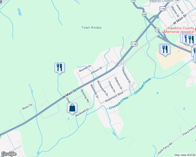 map of restaurants, bars, coffee shops, grocery stores, and more near 108 Richards Road in Rogersville