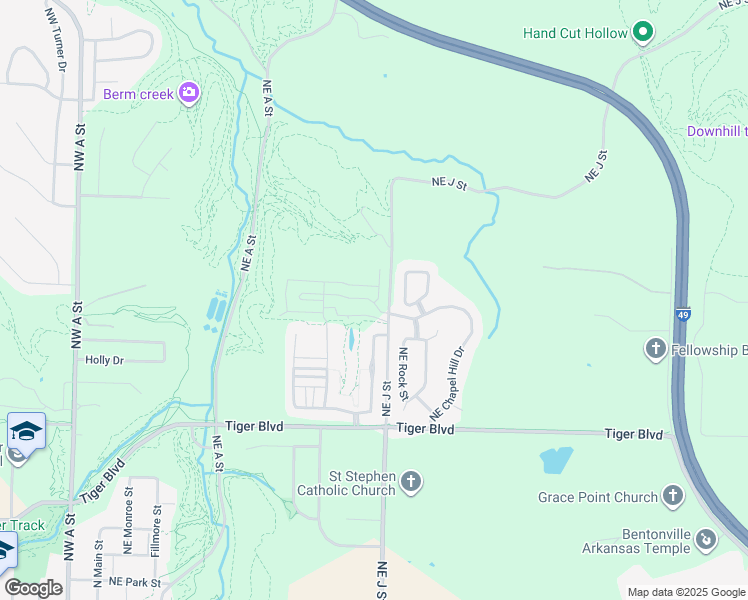 map of restaurants, bars, coffee shops, grocery stores, and more near 2343-2699 Northeast J Street in Bentonville